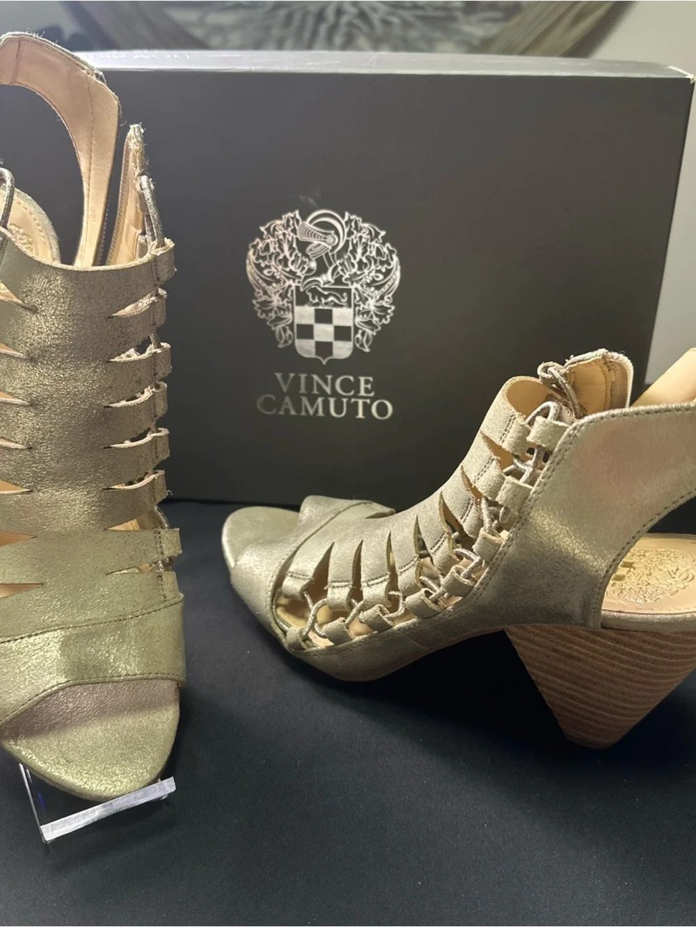 Vince Camuto Distressed Gold Strappy Peep-Toe Zipper Side Women’s Heels